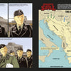 Comic page from "Knights of the Skull, Vol. 2" (Schiffer Publishing, Ltd.) shows four panels of WWII German Panzer troops with tanks on the left, and a labeled southern Europe troop movement map on the right.