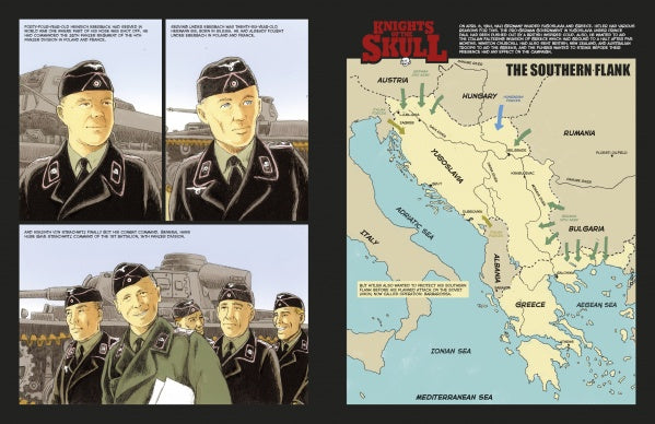 Comic page from "Knights of the Skull, Vol. 2" (Schiffer Publishing, Ltd.) shows four panels of WWII German Panzer troops with tanks on the left, and a labeled southern Europe troop movement map on the right.