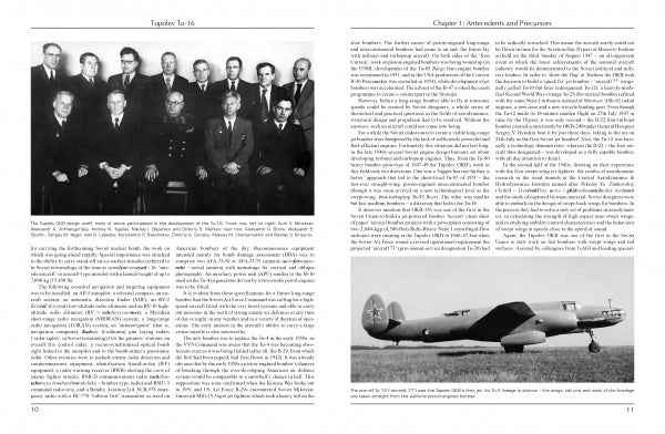 A black-and-white photo of men in suits and uniforms appears beside an image of a Soviet Tupolev Tu-16 bomber on grass; both pages from this Schiffer Publishing, Ltd. release feature columns of printed text.
