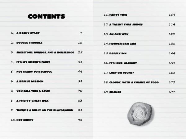 A table of contents with 18 chapters and page numbers on lined paper titled "CONTENTS," ideal for a fourth-grade science class or rock enthusiast, with a Grand Canyon-style grey rock illustration—Samantha Hansen Has Rocks in Her Head by Schiffer Publishing.