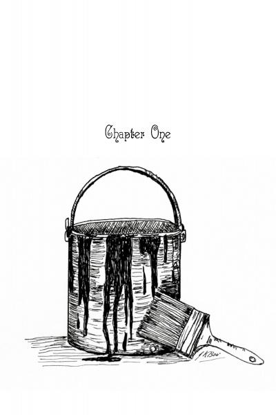 A black and white sketch of a paint can with dark paint dripping down and a paintbrush resting against it recalls Savannah haunted house lore. "Chapter One" appears above in stylized text. Product: Wicked Haints by Schiffer Publishing, Ltd.