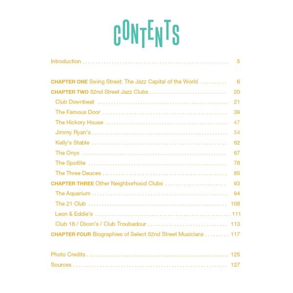A table of contents page for Swing Street by Schiffer Publishing, Ltd. lists chapters on 52nd Street jazz, Swing Street venues like The Famous Door, and biographies of notable musicians, capturing New York City's jazz legacy.