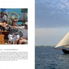 Left: Friends smile and relax on a sailboat with drinks and a captain at the helm. Right: A schooner with white sails glides on blue water—a scene from "101 Things to Do in Key West" by Schiffer Publishing, Ltd.