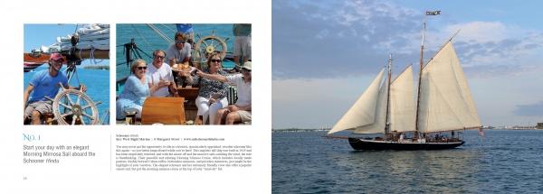Left: Friends smile and relax on a sailboat with drinks and a captain at the helm. Right: A schooner with white sails glides on blue water—a scene from "101 Things to Do in Key West" by Schiffer Publishing, Ltd.