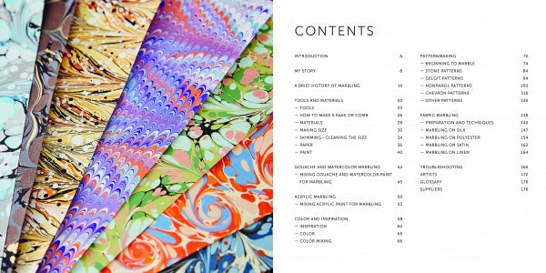 On the left, vibrant marbled papers with swirled patterns from *Marbling* by Schiffer Publishing, Ltd. overlap, while a clean, modern contents page with book chapters appears on the right.