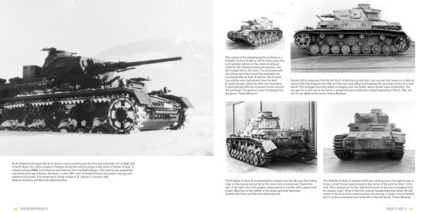 A spread from Panzerkampfwagen IV by Schiffer Publishing, Ltd. displays black and white photos—side and front views—of German WWII tanks, with captions detailing their features and deployment.