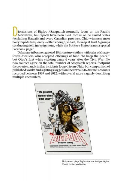 A page from Strange Ohio Monsters by Schiffer Publishing, Ltd. features a discussion of Bigfoot sightings in Ohio and a vintage black-and-white movie poster showing Bigfoot confronting people with the tagline, "The greatest monster since King Kong.