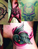 Showcasing Street Shop Tattoo Stencils by Schiffer Publishing, Ltd.: a collage featuring a scorpion, flaming skull, stylized blue and pink bird, plus two abstract black ink designs.