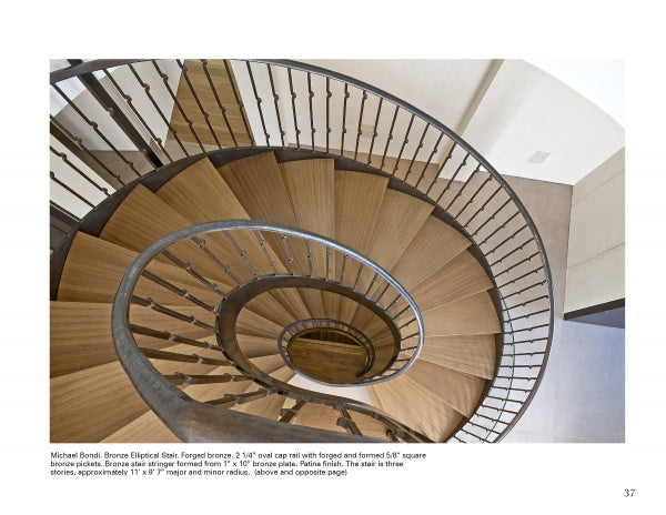 A top-down view of a spiral staircase with wooden steps and a bronze railing, evoking elegant metal sculpture—echoing the artistry found in Ironwork Today 3 by Schiffer Publishing, Ltd. Modern design and shadows accentuate the spiral form.