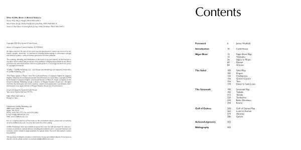 A two-page spread from Villages of West Africa by Schiffer Publishing, Ltd.: the left page shows copyright and publishing details; the right is titled "Contents" and lists sections on vernacular architecture and West African architecture.