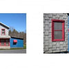 Two photos from "Backroads Buildings" by Schiffer Publishing, Ltd.: one shows a house with gray shingles, blue siding, and pink-red accents; the other features a vivid pink window and awning showcasing bold colors and textures.