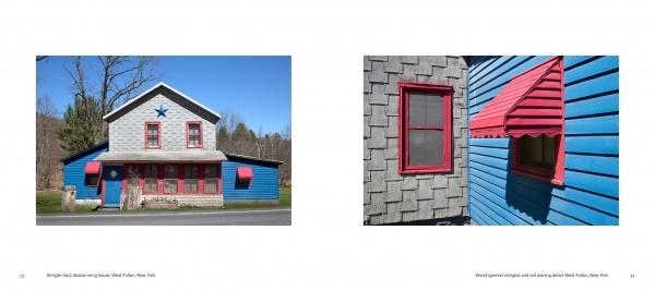 Two photos from "Backroads Buildings" by Schiffer Publishing, Ltd.: one shows a house with gray shingles, blue siding, and pink-red accents; the other features a vivid pink window and awning showcasing bold colors and textures.