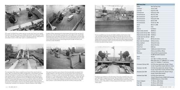 A book spread with six black-and-white photos of the USS Iowa (BB-61) naval guns and deck equipment, with descriptive text. On the right page, a table lists specifications. Published by Schiffer Publishing, Ltd.