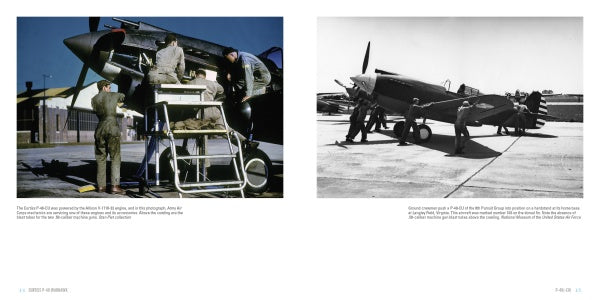 This Schiffer Publishing, Ltd. product features two WWII photos of the Curtiss P-40 Warhawk: left—color crew servicing scene; right—black and white shows Flying Tigers beside a parked aircraft.