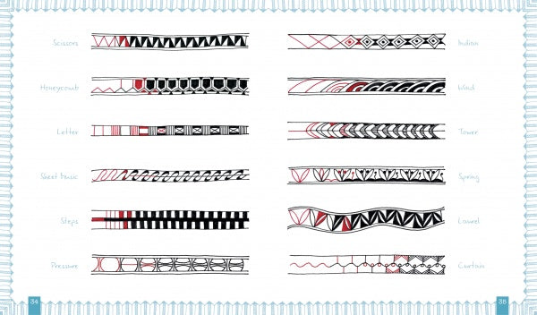 Meditative Zendoodles by Schiffer Publishing, Ltd. features 12 labeled rows of decorative border patterns—like Scissors, Honeycomb, and Sheet Music—in black, white, and red, ideal for zendoodling and relaxation through drawing.