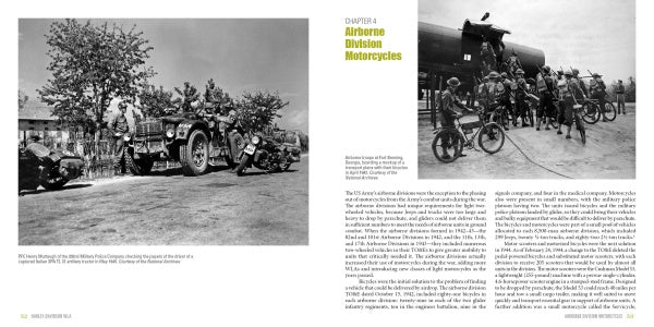 Two black-and-white WWII photos: left shows paratroopers with military motorcycles, likely Harley-Davidson WLA models (Schiffer Publishing, Ltd.), and a jeep; right depicts paratroopers unloading bicycles from a transport plane.