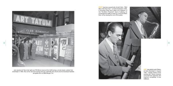 Two pages from "Swing Street" by Schiffer Publishing, Ltd. display black-and-white photos of NYC jazz history: three men in suits at Club Downbeat with ART TATUM signage, and close-ups of a saxophonist and pianist performing.