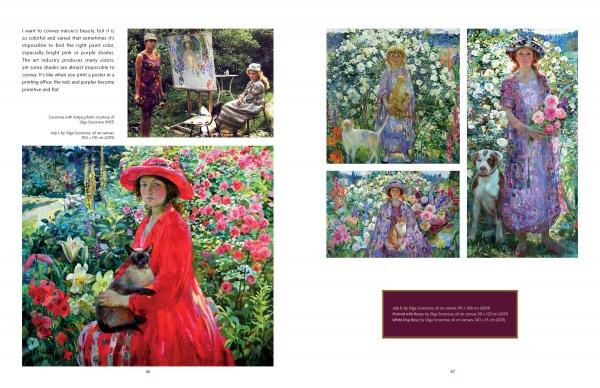 A two-page spread in Renaissance Realm by Schiffer Publishing, Ltd. displays Impressionist- and Pre-Raphaelite-inspired art showing women in vibrant dresses among lush garden flowers, with a cat, dog, or at an easel. Short text and captions accompany the images.