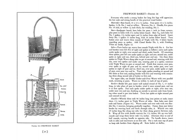 A two-page spread from "Earth Basketry, 2nd Edition" by Schiffer Publishing, Ltd.: the left page features illustrations of a woven firewood basket, while the right page presents Osma Tod’s FIREWOOD BASKET—Figure 26 instructions.
