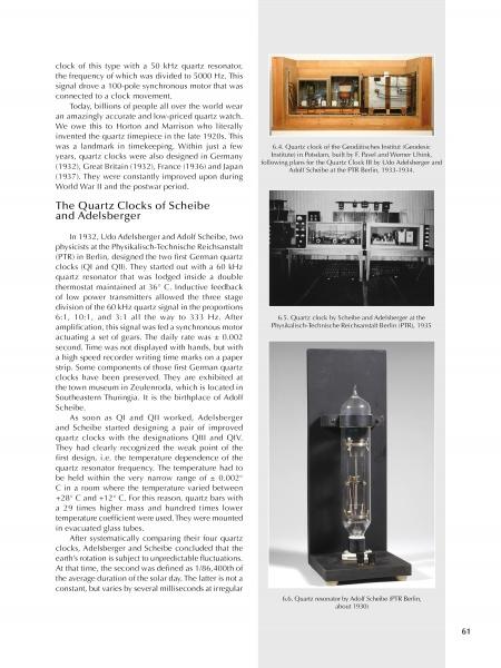 A page from "Electrifying the Wristwatch" by Schiffer Publishing, Ltd., describes quartz clocks and displays three black-and-white photos: a lab, an electromechanical watch with tubes and dials, and a tall glass-encased clock on a stand.