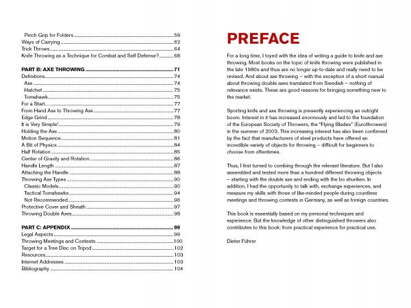 The Guide to Knife & Ax Throwing by Schiffer Publishing, Ltd. features a table of contents on carrying, axe throwing, tomahawks, and an appendix, plus a preface sharing the author’s motivation for writing about knife and axe throwing.