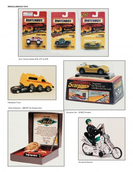A collage showcases six toy collectibles, including Matchbox cars, a Dodge Viper, Scorpion car, and a skeleton on a motorcycle—ideal for fans of The Encyclopedia of Matchbox Toys by Schiffer Publishing, Ltd.