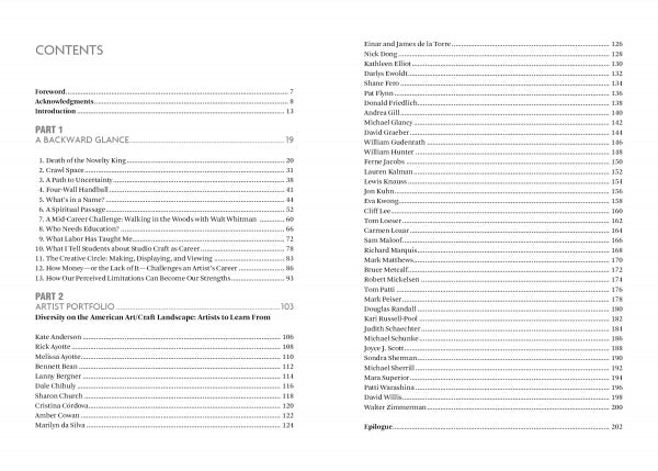 The table of contents in Studio Craft as Career by Schiffer Publishing, Ltd. lists “A Backward Glance” (12 chapters) and “Artist Portfolio” (successful American craft artists), with page numbers aligned on the right for each entry.