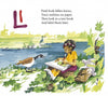 A child creates a leaf drawing for an outdoor ABC book in Schiffer Publishing’s Camp ABC, sitting by a pond with plants, a goose, and a white rabbit. Red “L” and tracing instructions appear above for labeling the leaves.
