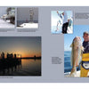 A collage for "Saltwater Tales" by Schiffer Publishing, Ltd.: snowy coastal street, foggy navigation tower, fisherman with rod, sunset fishing over a Virginia pier, and smiling angler holding a large fish on boat.