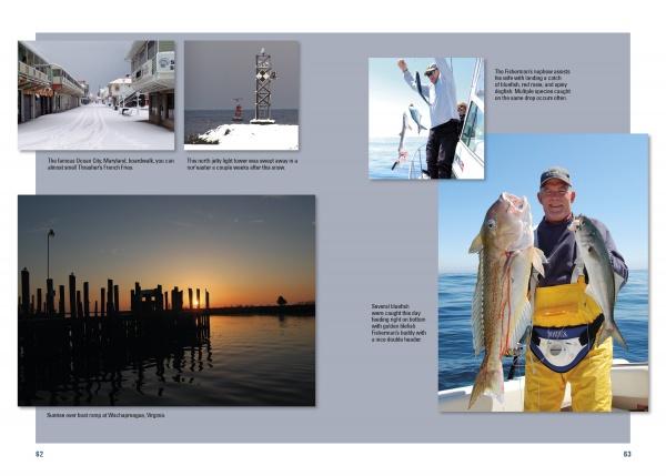 A collage for "Saltwater Tales" by Schiffer Publishing, Ltd.: snowy coastal street, foggy navigation tower, fisherman with rod, sunset fishing over a Virginia pier, and smiling angler holding a large fish on boat.