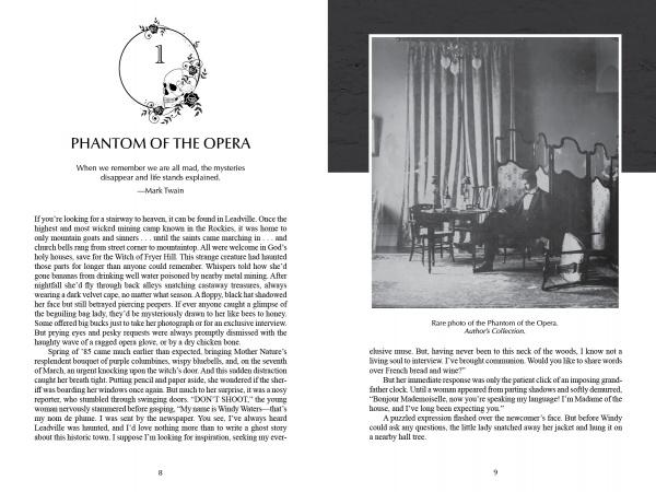Two-page spread from "Ghosts, Legends, and Lore of the Rockies" by Schiffer Publishing: left page with 1 PHANTOM OF THE OPERA, a Mark Twain quote, and intro; right page shows a vintage photo echoing haunted Rockies tales.