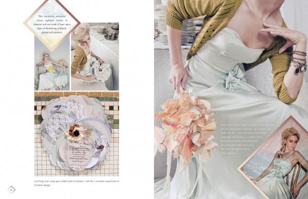 A fashion spread for Schiffer Publishing, Ltd.'s "The Painter's Wedding" shows a woman in a pale blue dress and green cardigan with pastel flowers, vintage decor, close-ups, and plates for a soft, romantic wedding vibe.