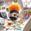 A cartoon character with spiky orange hair and a black mask creates vibrant art in a cluttered studio, surrounded by paintings and brushes—a scene inspired by The Sweet Rot, Book 2 from Schiffer Publishing, Ltd.
