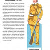 A page in Schiffer Publishing, Ltd.’s "Famous Texas Men" features Davy Crockett’s biography and a Tom Tierney portrait of Crockett in tan fringed buckskins with a rifle, captioned "Wearing fringed buckskins.