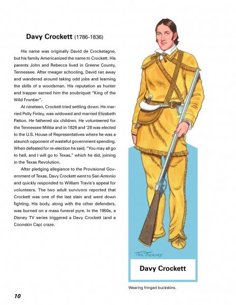 A page in Schiffer Publishing, Ltd.’s "Famous Texas Men" features Davy Crockett’s biography and a Tom Tierney portrait of Crockett in tan fringed buckskins with a rifle, captioned "Wearing fringed buckskins.