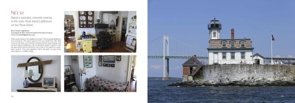 A two-page spread in "101 Things to Do in Rhode Island" by Schiffer Publishing, Ltd. shows three interior photos of Rose Island Lighthouse on the left and an exterior shot of the lighthouse by water and a bridge on the right—ideal for Rhode Island travel guides.