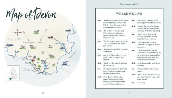 A page spread in Conversations with Nell by Schiffer Publishing, Ltd. shows an illustrated map of Devon, England, with landmarks and animals, plus a WHERE WE LIVE talk about Devon’s attractions and geography in this dog adventure book.