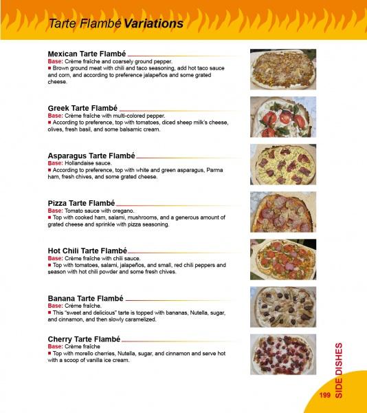 A menu page showcases seven Tarte Flambée varieties with appetizing descriptions and vivid photos, inspired by "Grilling Like a Champion" from Schiffer Publishing, Ltd., and crafted by professional grill masters.