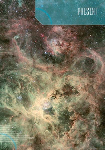 A vibrant nebula swirls with stars, while a translucent blue box in the corner reads PRESENT, capturing the mystique of Schiffer Publishing, Ltd.’s 66-card First Light Tarot set and the art of divination.