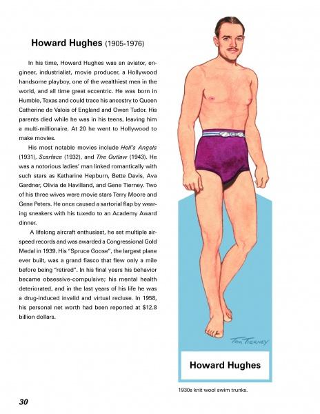 An illustrated man with slicked-back hair and a mustache models 1930s purple knit swim trunks. Next to him, text highlights Howard Hughes, one of the featured historic Texans in "Famous Texas Men" from Schiffer Publishing, Ltd.