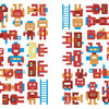 The "Where Is My Robot?" design by Schiffer Publishing, Ltd. features a playful grid of red, yellow, and blue cartoon robots—some upright, others upside down—with a blue ladder, split into two sections on a white background.