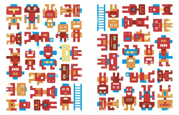 The "Where Is My Robot?" design by Schiffer Publishing, Ltd. features a playful grid of red, yellow, and blue cartoon robots—some upright, others upside down—with a blue ladder, split into two sections on a white background.