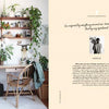 A cozy home office with a wooden desk, wicker chair, and lush plants evokes German style. On the right, “Home Story” by Schiffer Publishing, Ltd. features a beige page with a quote, black-and-white photo, and design inspiration text.