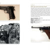 A spread from *Italian Partisan Weapons in WWII* by Schiffer Publishing, Ltd. shows a Beretta Model 1934, WWII partisans, and a Luger P08 pistol with specs and description.