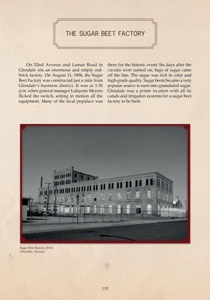 A sepia photo of Glendale’s historic Sugar Beet Factory is framed on a textured beige page in Arizona’s Back Roads by Schiffer Publishing, Ltd., evoking ghost towns with its atmospheric image and printed history above and beside the photo.