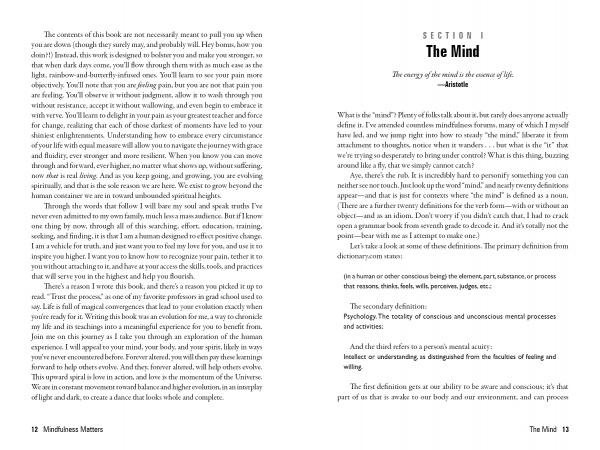 An open book from Schiffer Publishing, Ltd., “Mindfulness Matters,” displays two pages: one titled “Mindfulness Matters,” the other “The Mind” with an Aristotle quote and Section I heading; both pages feature dense, two-column positive psychology text.