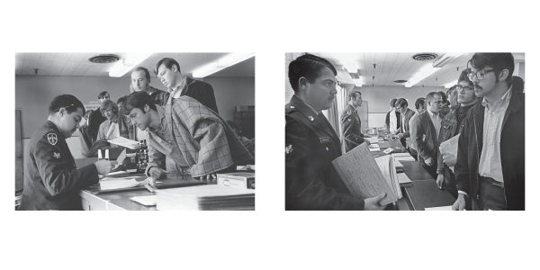 Two black-and-white photos from "Grunts" (Schiffer Publishing, Ltd.) depict men—some in military uniforms, others in civilian clothes—interacting over documents in a busy office, suggesting a formal U.S. Army draft registration event.