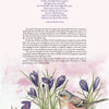 A small brown and white bird stands among blooming purple crocuses on green grass. Above is text about crocuses, including a poem, history, botanical facts, and quilt inspiration from Mary's Garden Quilt by Schiffer Publishing, Ltd.