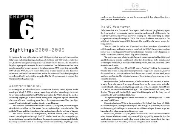 A black and white spread from "UFOs Over Colorado" by Schiffer Publishing, Ltd. showcases CHAPTER 6: Sightings 2000–2009, detailing early 2000s UFO activity with headings like A Confrontational UFO and The UFO Watchtower on page 69.