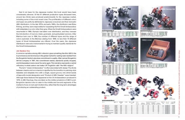 Two pages from Small Ambassadeurs by Schiffer Publishing, Ltd. show text on the left and images of fishing reels with model numbers and specs on the right. A wooden display box with reels is also featured among the product photos.